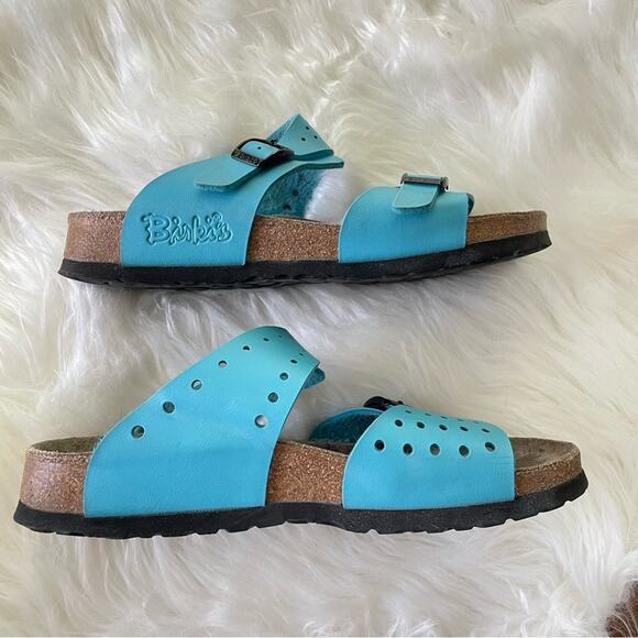 Birkis by Birkenstock | Women’s Freeport Sandal Blue Slip-On Leather Cork Narrow - Picture 6 of 9